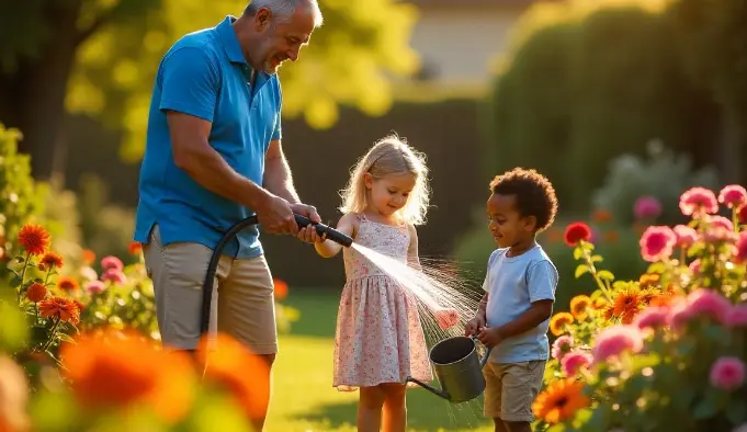 Homme avec deux enfnants et rempli un arroisir d'eau pour arroser les fleurs. 