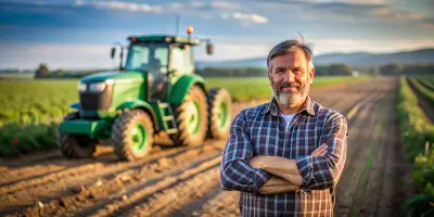 Fermier qui sourit avec son champs et son tracteur en arrière plan