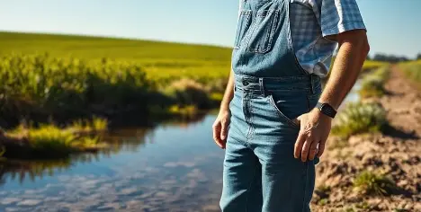 Agriculteur devant son champ, attentif à la ressource en eau